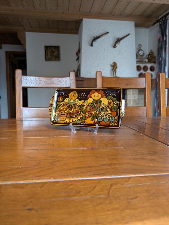 Reber Folk Keramik Kuchentablett handgemalt aus der Schweiz Vintage Dessertteller
