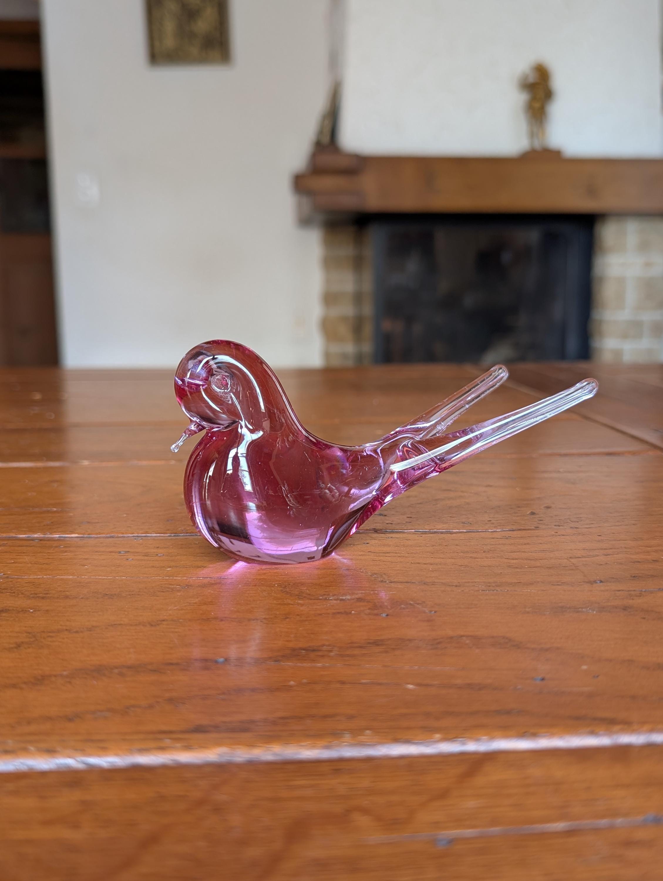 ピンクの鳥のインテリア装飾品 ヴィンテージピンクのガラスの鳥の置物：ミッドセンチュリーモダンの棚