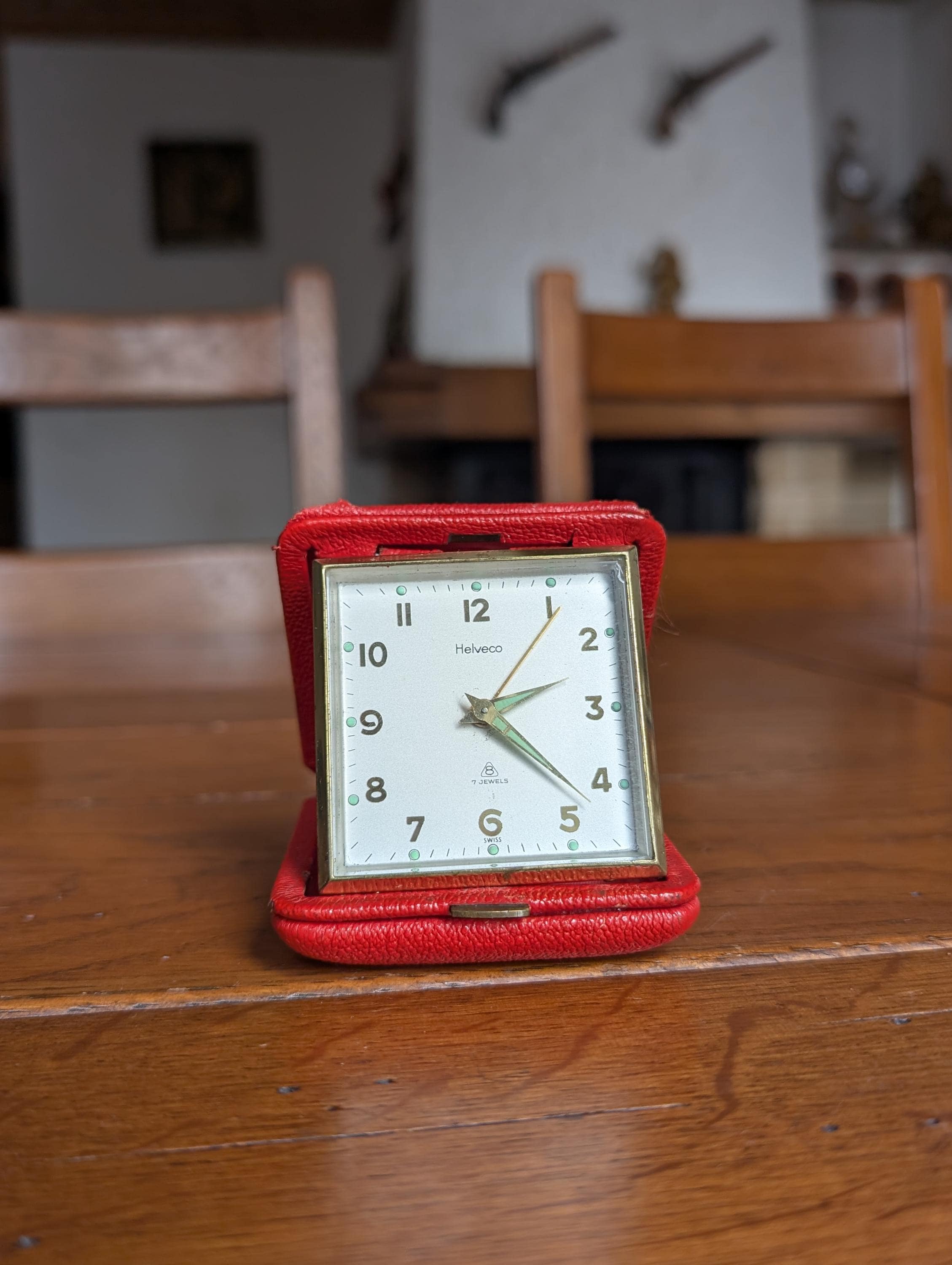 NWOT Vintage Coach travel alarm clock in a red leather folding case Vintage Big Ben Westclox Red Compact Travel Alarm Clock  main image 3