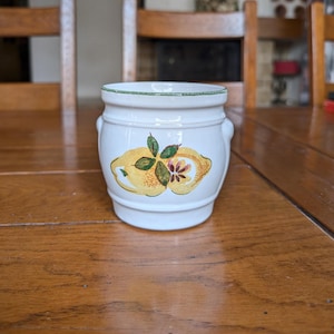 GDR 630 12 vintage white ceramic pot with fruit motif and green rim from mid-century Germany for storage in the kitchen