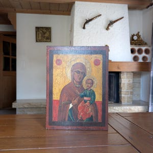 Virgin Mary and Child Hand painted large wooden icon in traditional Orthodox style for sacred wall decor or religious gift