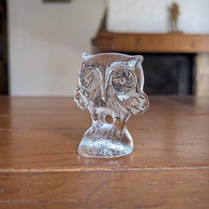 May include: A clear glass owl ornament with detailed facial features and a textured body. The owl is perched on a small base, showcasing its intricate design. The figurine is a decorative item, suitable for home decor.