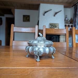 Vintage pewter sugar box with lid pumpkin shaped silver color and decorative legs for art deco kitchen decor