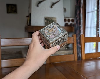 Perlmutt Silber Schmuckschatulle, asiatisches Blumen Bambus Relief