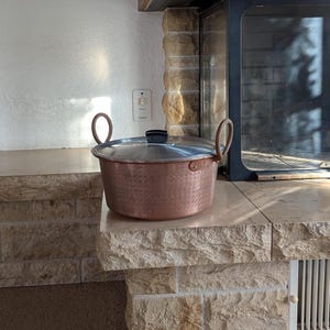 Italian vintage large copper cooking pot with aluminum lid and wrought iron handles for open flame use or rustic kitchen decor