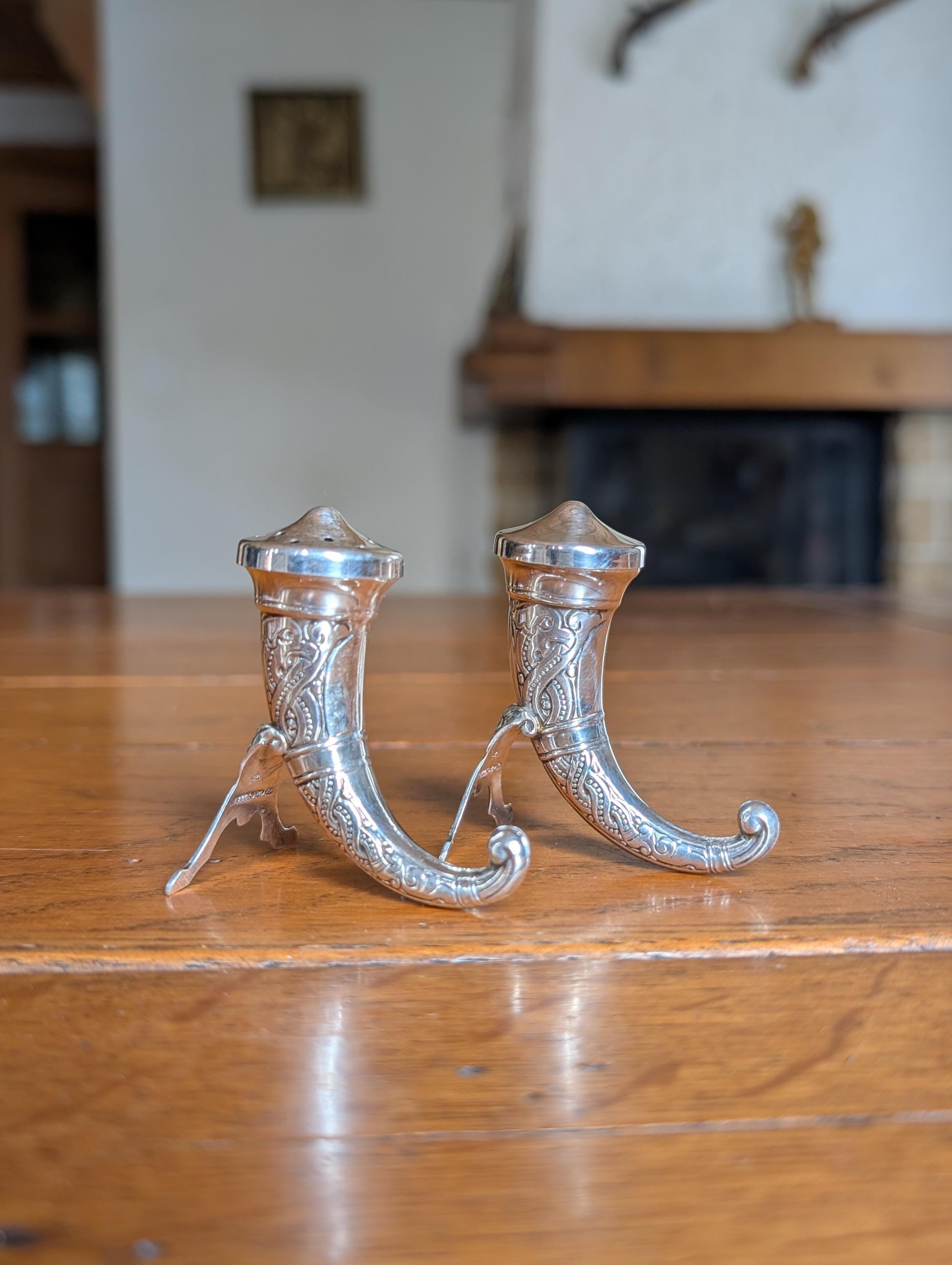 Vintage 830 Sterling Silver Viking Horn Salt and Pepper Shakers