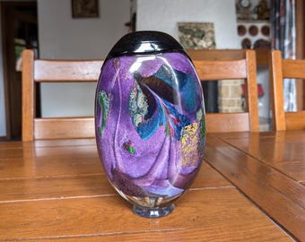 Hand Blown Swiss Art Glass Vase: Purple Green Glitter, 1989