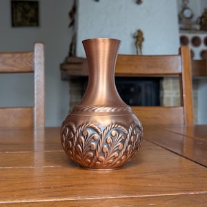 Vintage Embossed Copper Vase, Art Deco Leaf Pattern