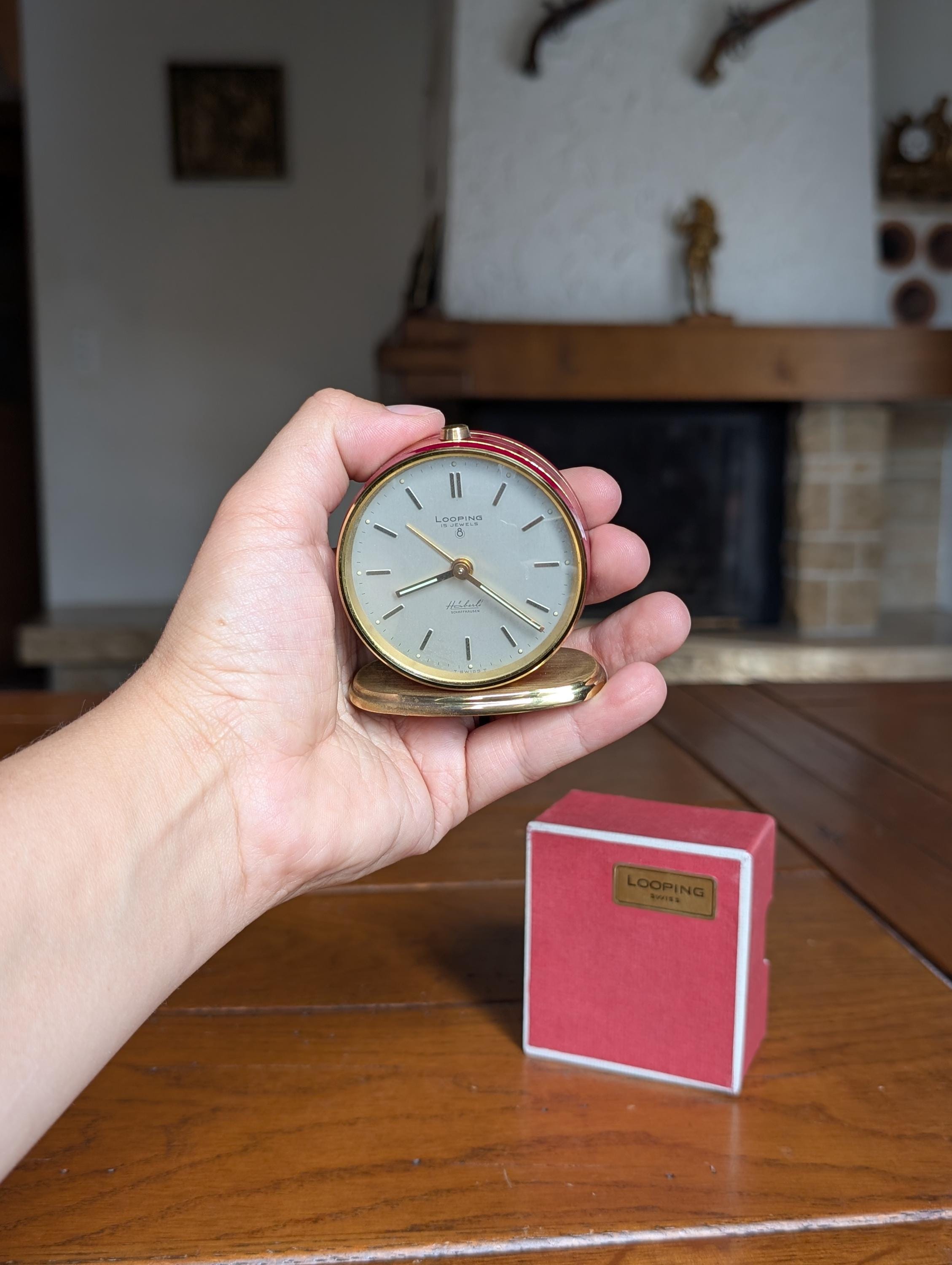 Looping Swiss Vintage Table Alarm Clock Mid-century Red and Gold