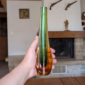 Vintage tall narrow single flower vase in art glass with gradient amber and green colors for retro style home décor
