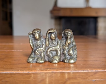 Vintage Brass Three Wise Monkeys Figurine: Symbolic Zen Decor