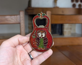 Vintage Enamel Owl Bottle Opener - Greek Brass Souvenir