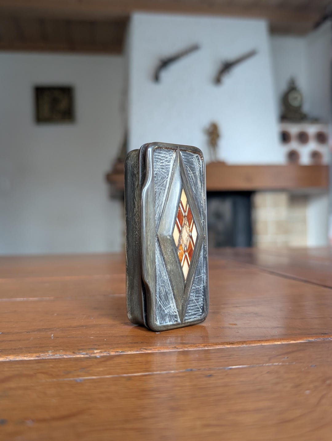 Antique Horn Snuff Box With Geometric Inlay and Rustic Hand Carved ...