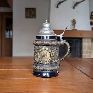 Original German vintage beer stein with pewter lid and relief portrait of a woman from West Germany collectible gift for beer lovers