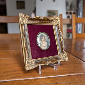 Handmade watercolor French miniature portrait of a Biedermeier style woman in wooden frame and under glass with signature