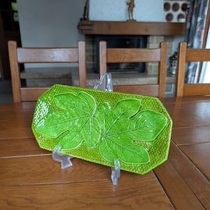 Bassano Majolica Costa collectible vintage 60s serving flat green rectangular plate with fig leaf motif and wicker basket pattern from Italy