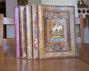 Vintage Embossed Leather Book Covers, Handmade Set of 5, Dark Academia Decor