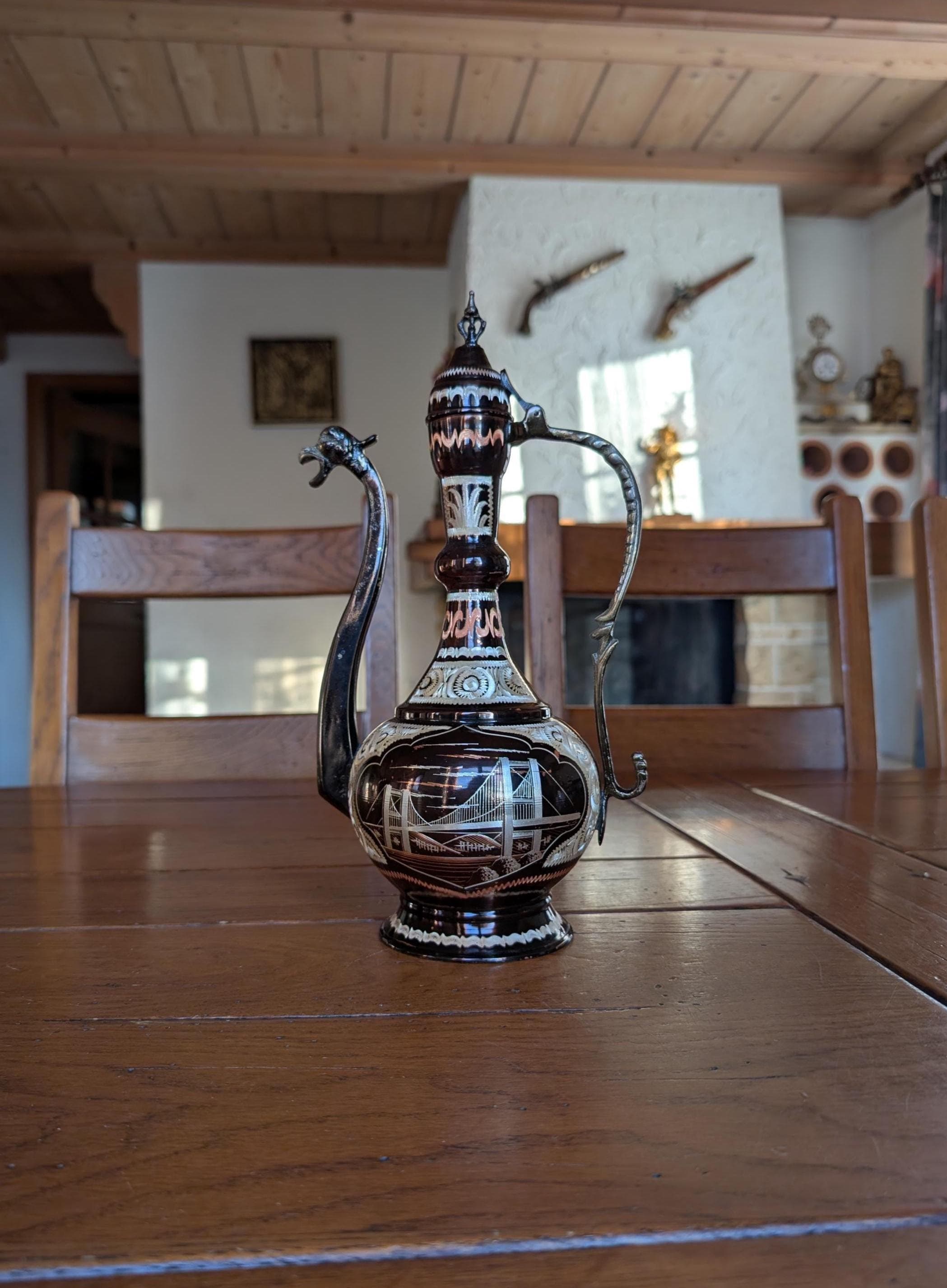 Vintage Turkish Metal Jug, Dragon Lid, Hand-engraved Ottoman Decor
