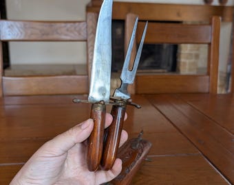 Vintage Carving Knife and Fork Set, Hand-Carved Wood Sheath
