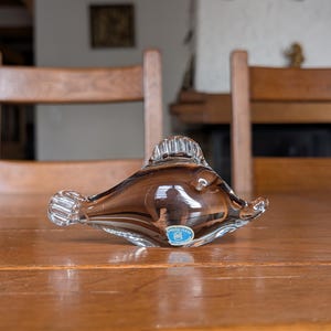 Bohemia Glass fish paperweight vintage fish figurine from Czechoslovakia in clear and smoky glass for nautical style interiors