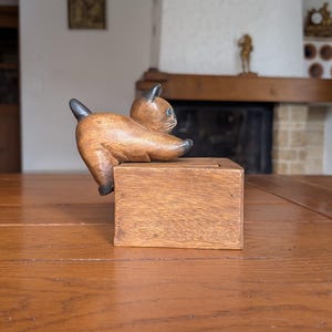Vintage wooden cat trinket box with carved feline figure cat lover gift rustic home decor