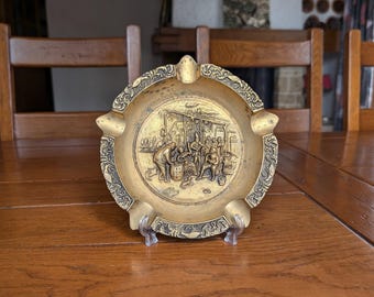Vintage Brass Cigar Ashtray: Embossed People Scene, Smoker Gift