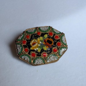 Vintage Italian micro mosaic brooch in the form of octagon with floral pattern handmade in brass frame for lovers of vintage jewelry