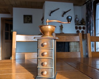 Zassenhaus Vintage Wooden Coffee Grinder, Brass Inlay, Four Drawer Design