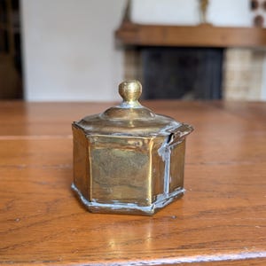 Vintage hexagon brass trinket box with lid and ball knob for antique shelf decor or jewelry storage gift