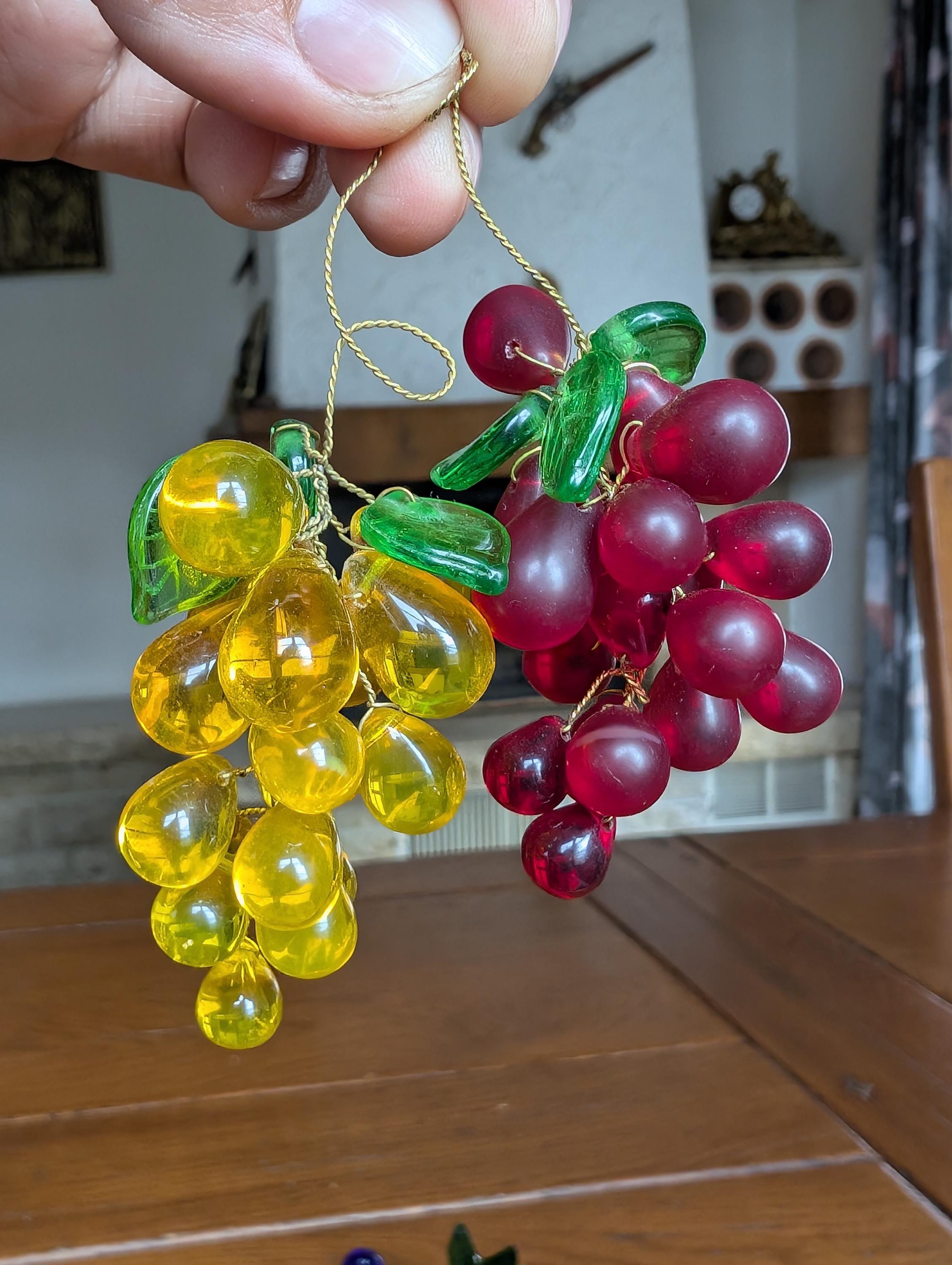 Vintage Hand Blown Glass Grape Clusters, Mid-century Fruit Decor