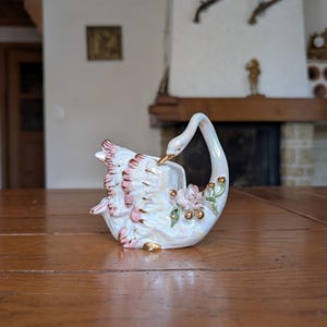 Antonio Pascali Italian vintage porcelain swan-shaped bomboniere candy box with flowers and gold accents from Dietikon Switzerland