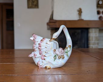 Vintage Antonio Pascali Swan Porcelain Candy Box, Floral Decor