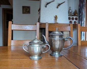Vintage versilberte Kaffeekanne und Zuckerdose, elegantes englisches Teeset