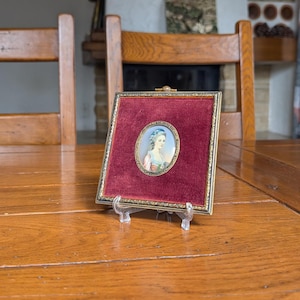 Antique French miniature portrait of Constance Weber bride of Mozart hand-painted in oval frame with red velvet for classical interior decor