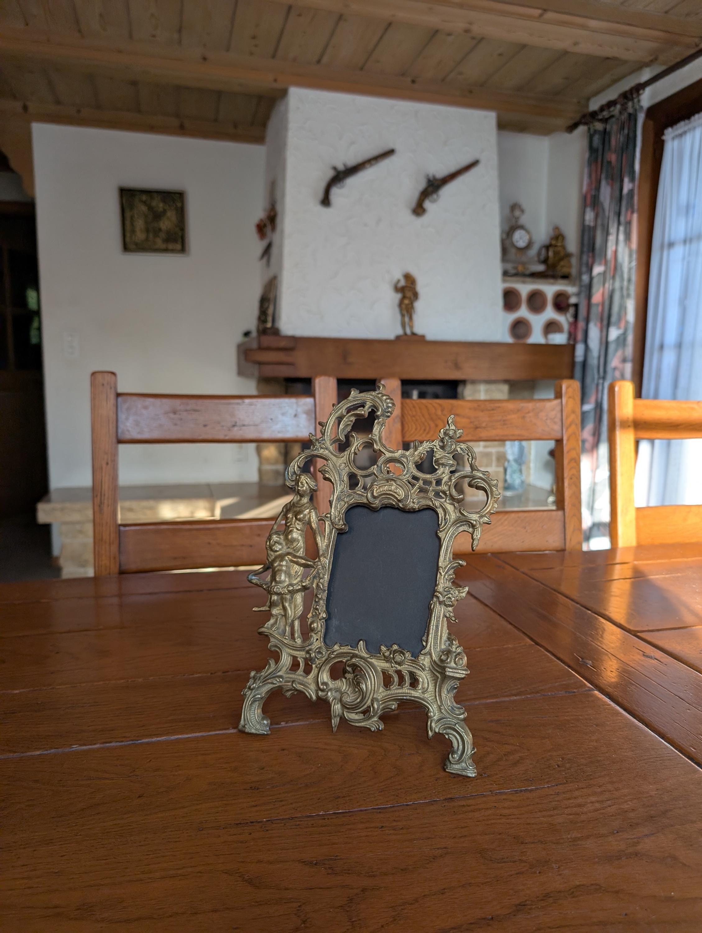 Antique French Rococo Bronze Photo Frame, Woman & Child, Dated