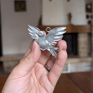 May include: A silver bird pendant with its wings spread. The bird has detailed feathering and a small loop for hanging. The pendant is held in a hand, with a blurred background.