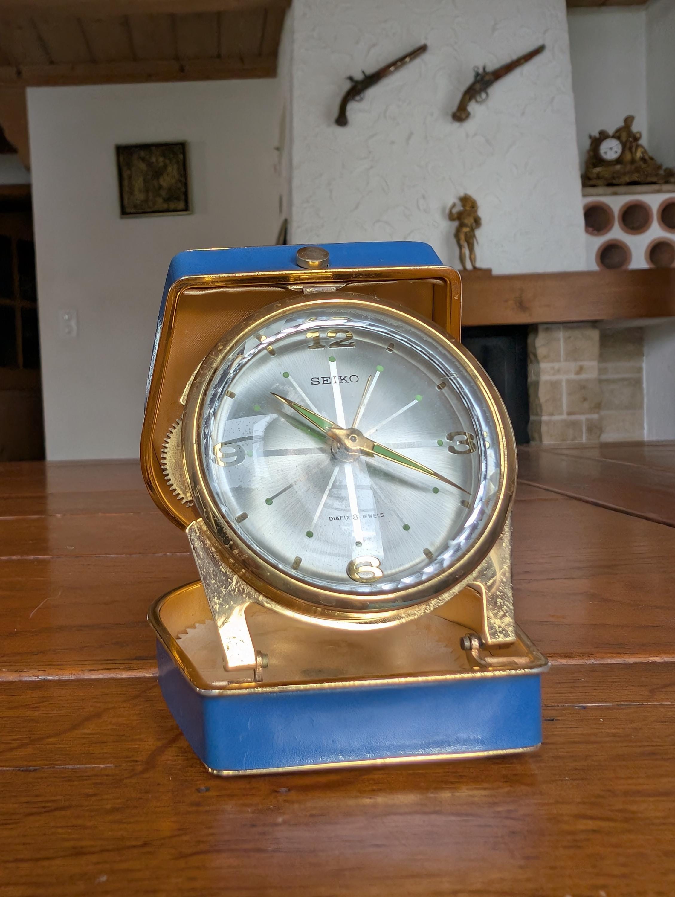 Vintage Seiko Travel Alarm Clock: Gold-tone, Silver Dial, Blue