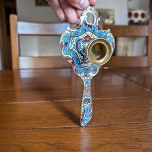 French vintage bronze candle holder with Napoleon III Cloisonné style handle enameled cloisonné technique