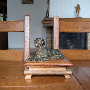 Bronze art vintage large dog statue on wooden base as a gift for dog lovers or rustic interior decor