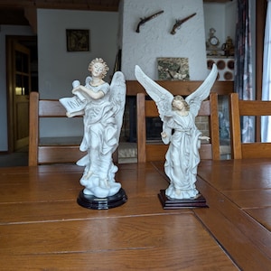 A.Santini Italy vintage large plaster figure of a girl angel with wings in a dress on a wooden base signed by Furiesi