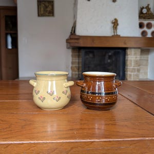 Pair of vintage ceramic kitchen pots with lids for rustic farmhouse decor or country style collectible gift