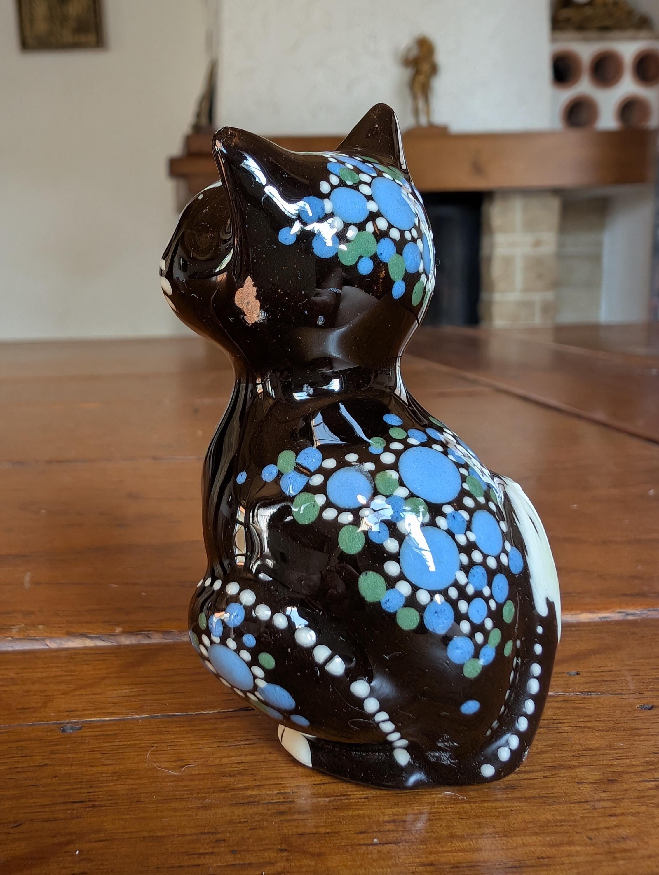 スイスの陶器製黒猫の置物、手描きのヴィンテージ民芸陶器、コレクター