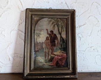 Antique "Baptism of the Lord" Painting in Wooden Frame