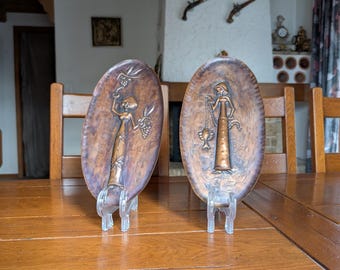 Vintage Embossed Copper Wall Decor, Handmade Harvest Motif, Pair