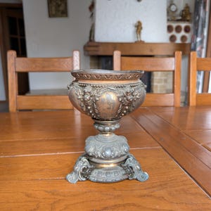 Antique bronze oil lamp base with ornate baroque relief design for restoration or vintage home decor