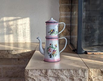 ヴィンテージ フランス製ホーロー製 ビギン コーヒーポット – 白地に花