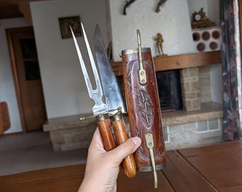 Vintage Carving Knife & Fork Set with Hand-Carved Wood Sheath
