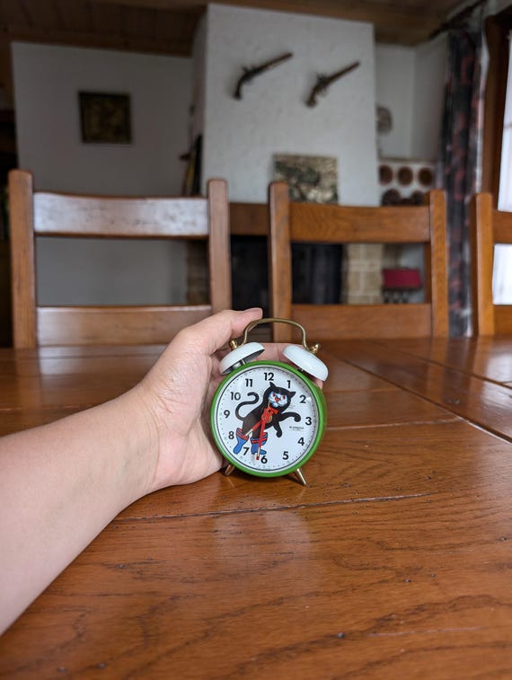 Vintage Blessing West Germany Alarm Clock: Cat in Boots, Green