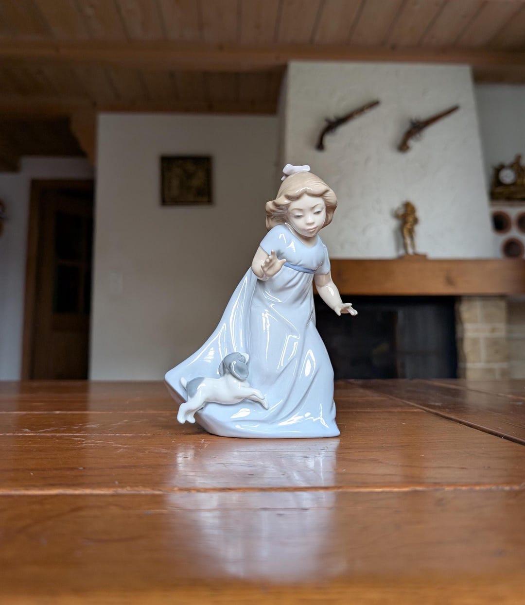 NAO Lladro Porcelain Figurine: Girl With Puppy, Blue Dress (1987