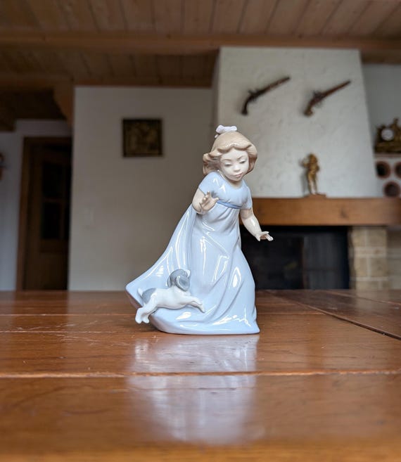 NAO Lladro Porcelain Figurine: Girl With Puppy, Blue Dress (1987